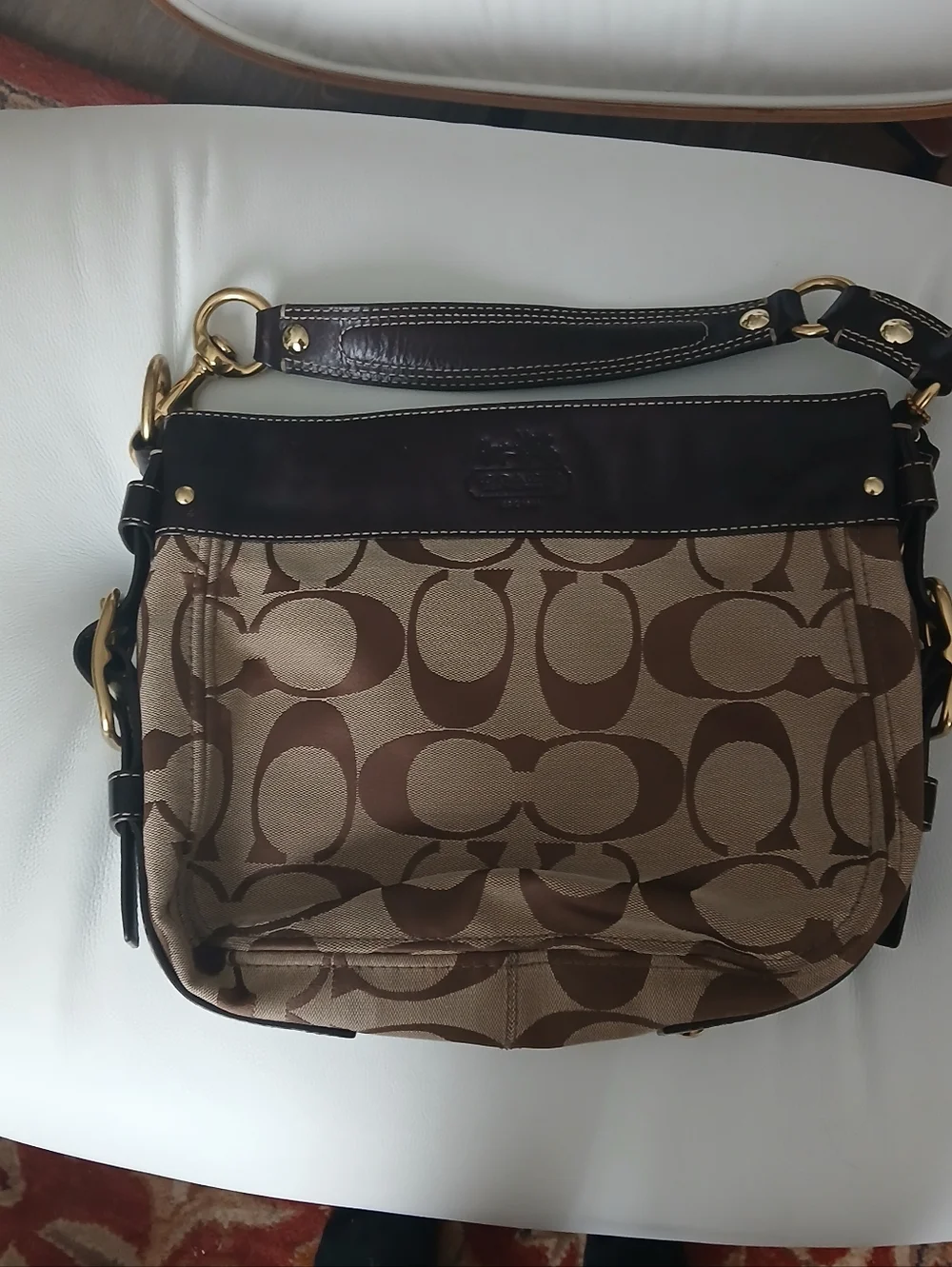 Coach Brown Signature Canvas Shoulder Bag with Dark Brown Leather Trim - Picture 2 of 8
